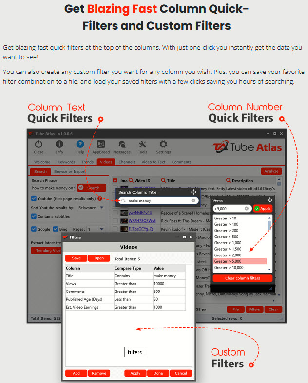 TubeAtlas-Review Get Column and Custom Filters